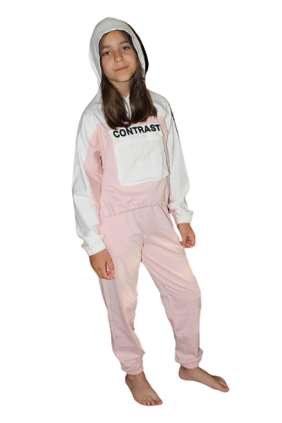 Two-tone girl’s hooded set pink and white