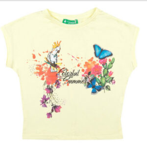 T-shirt met korte mouwen met papegaai en vlinder in lichtgeel